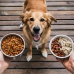 Golden dog on deck, hands holding bowls of kibble and wet food